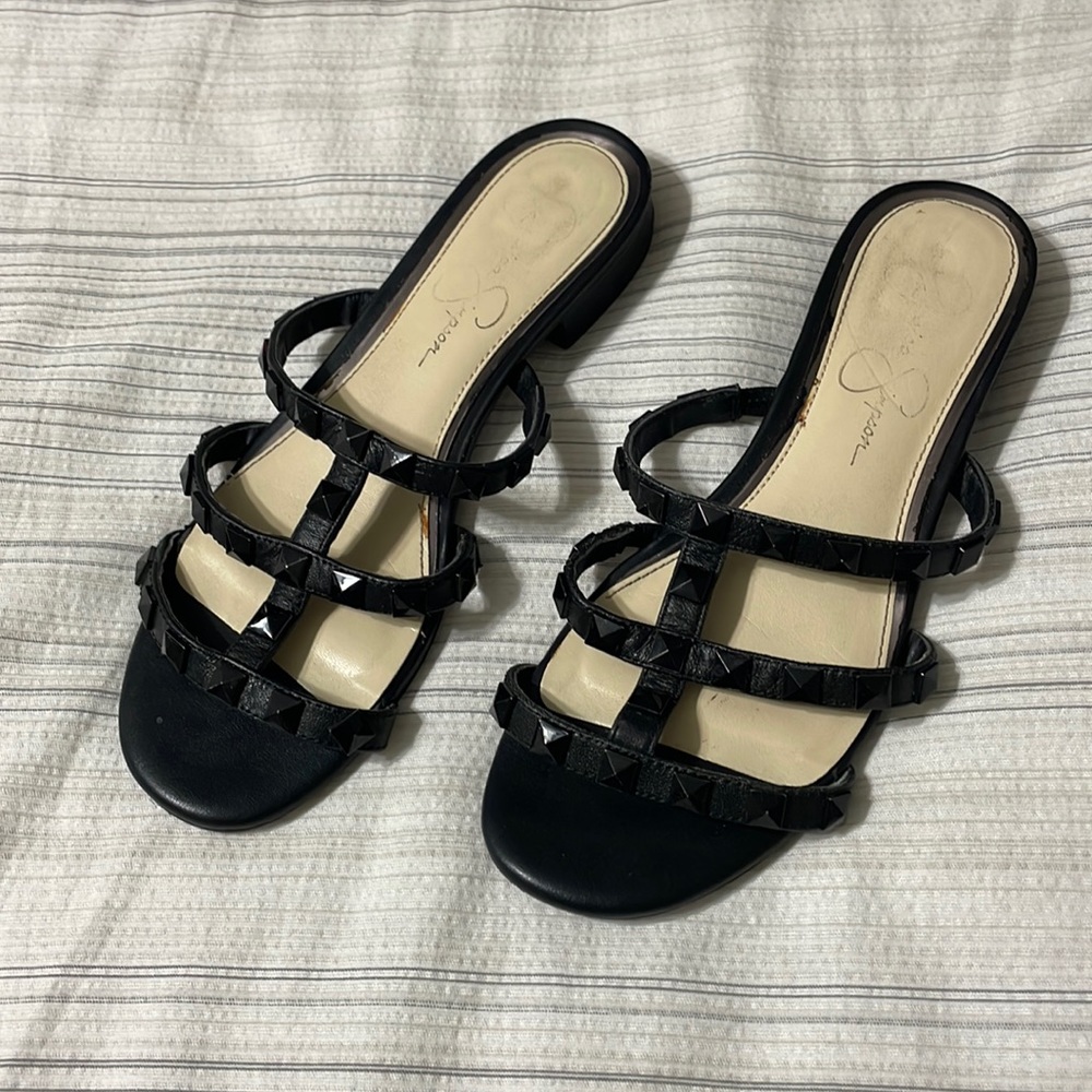 Jessica Simpson black leather studded slide on sandals size 6-1/2